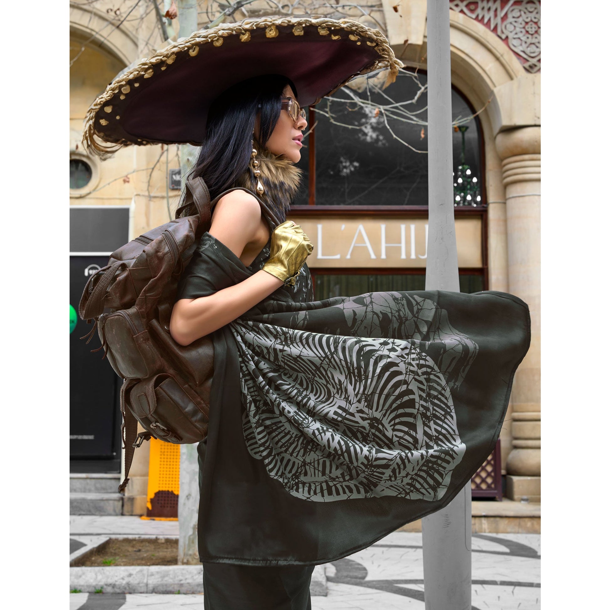 Dark Coffee Brown Contemporary Printed Satin Saree