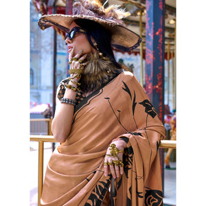 Brown & Black Contemporary Printed Satin Saree
