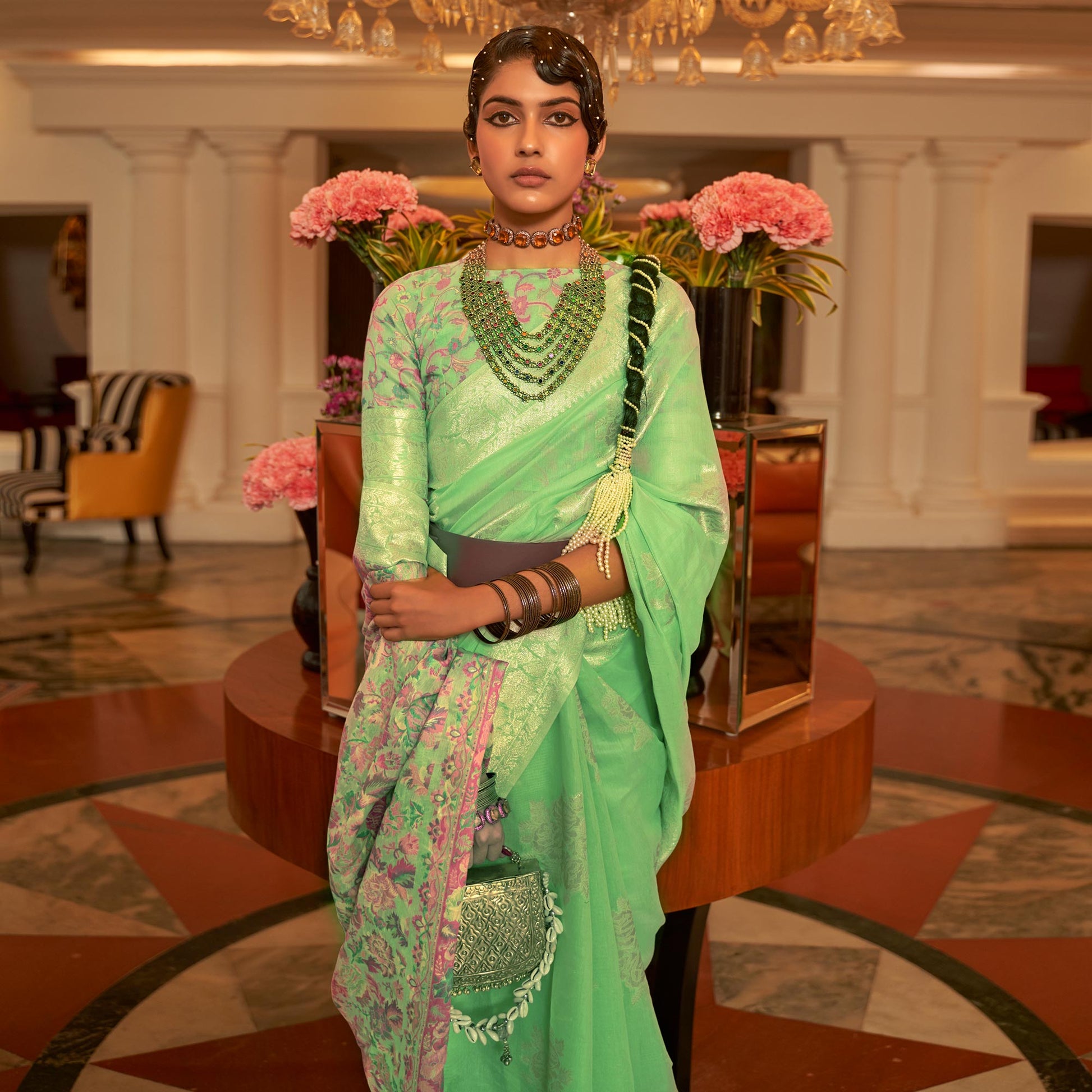 green-floral-woven-modal-saree-1