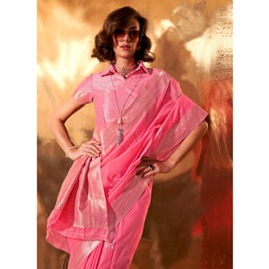 Gajri Pink Zari Woven Linen Saree
