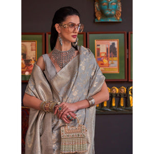 Grey Woven Art Silk Saree With Tassels