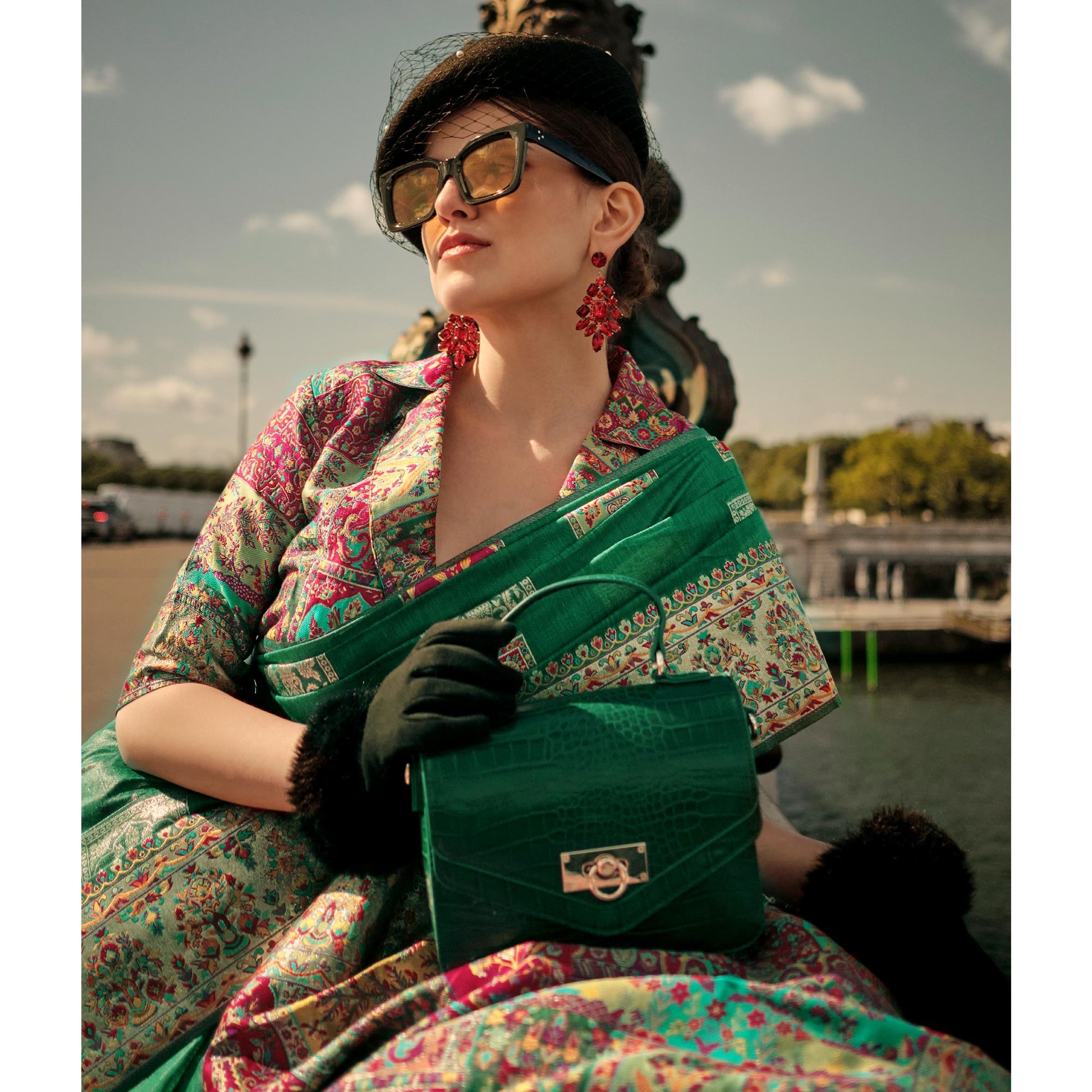 Dark Green Floral Embroidered Woven Chanderi Silk Saree