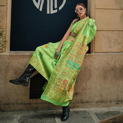 Light Green Floral Embroidered Woven Chanderi Silk Saree
