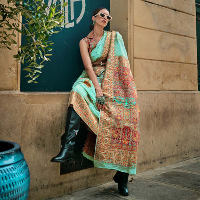 Light Turquoise Floral Embroidered Woven Chanderi Silk Saree