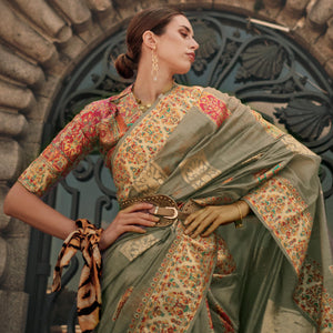 Brown Floral Embroidered Woven Chanderi Silk Saree