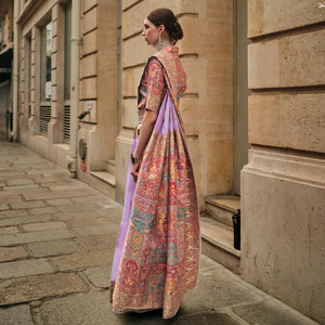 Lavender Floral Embroidered Woven Chanderi Silk Saree