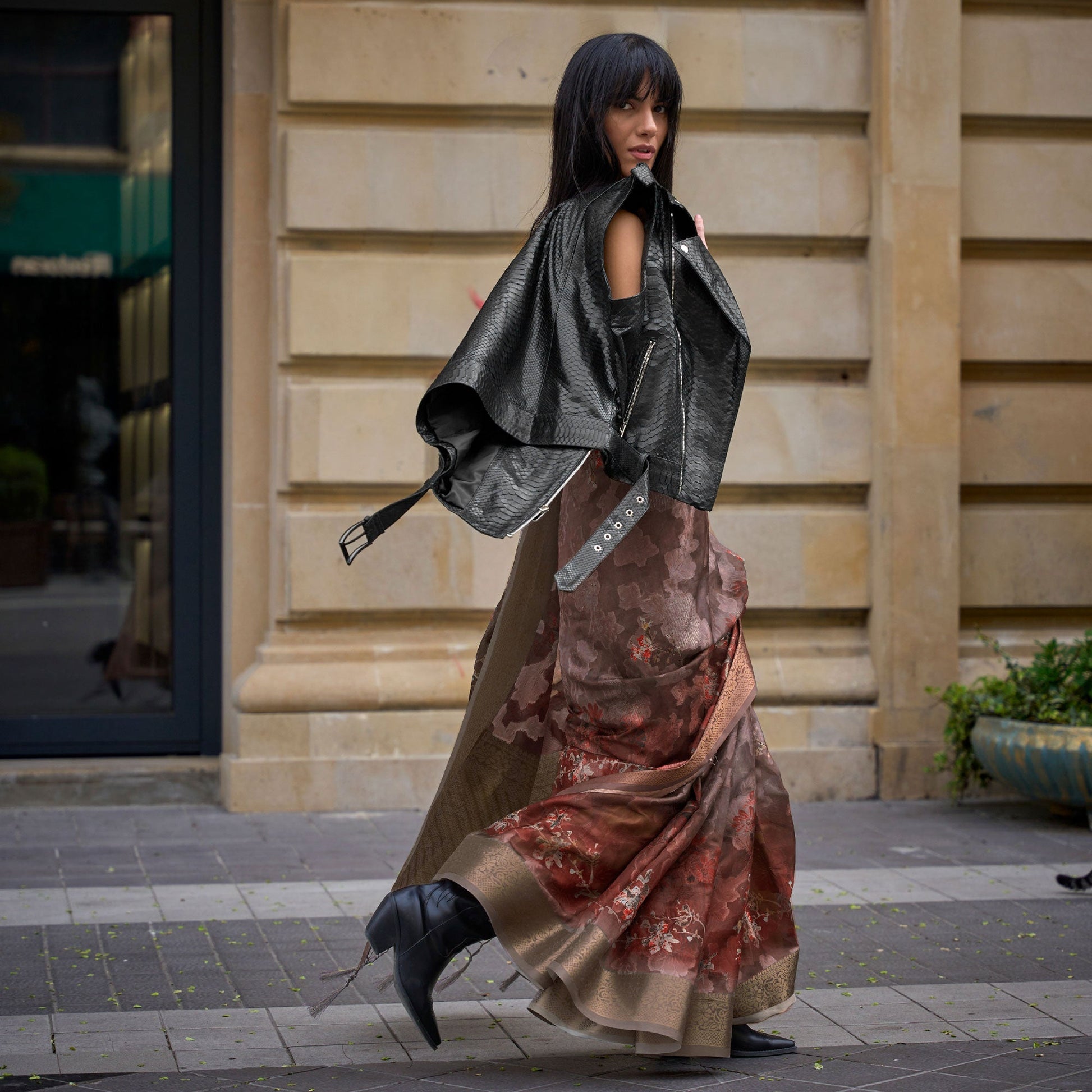 Brown Floral Woven Brasso Saree With Tassels