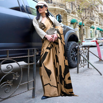 Chikoo Printed Satin Saree