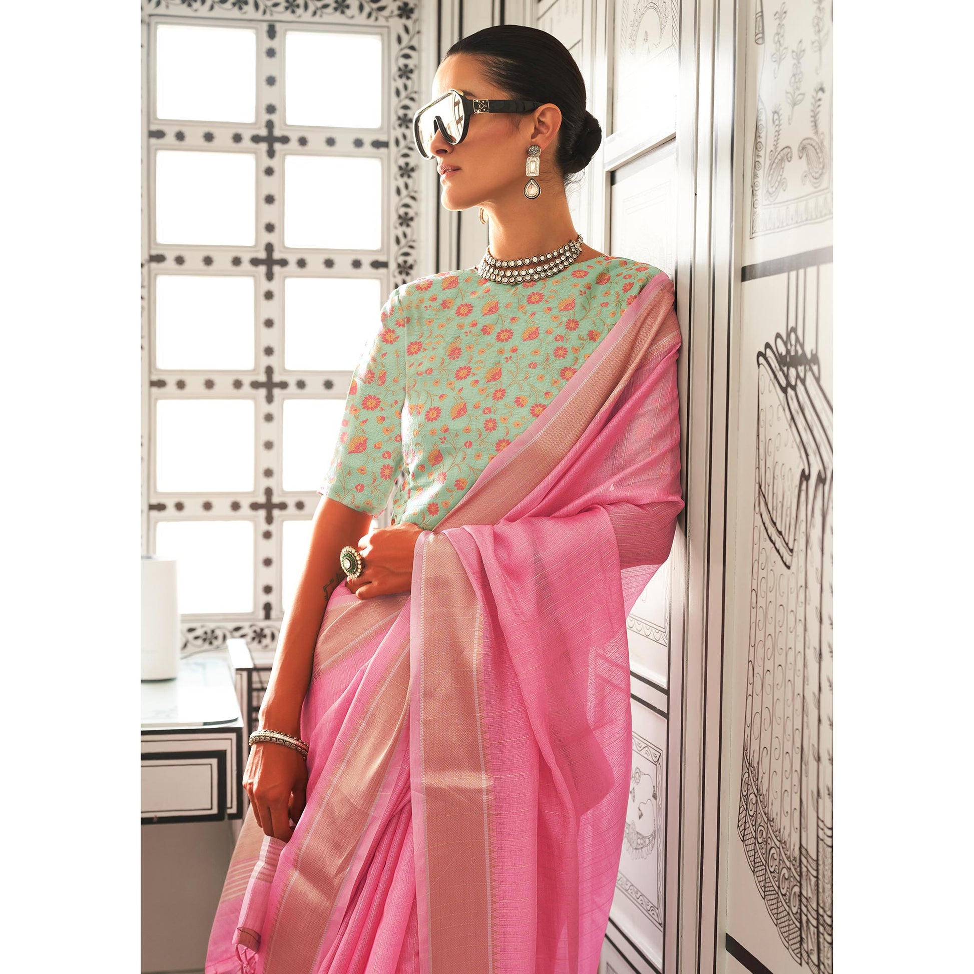 Gajri Pink Woven Zari Chiffon Saree