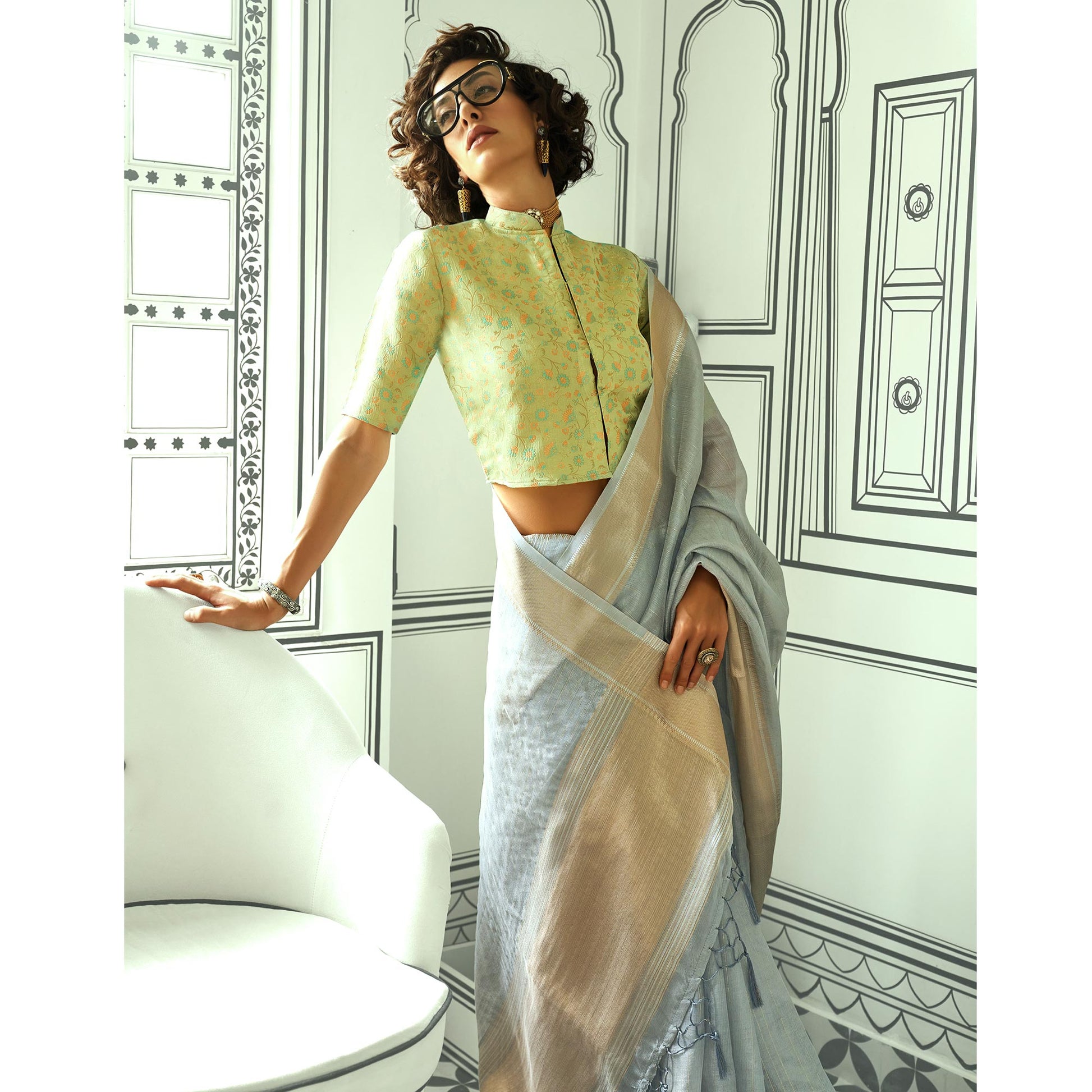 Grey Woven Zari Chiffon Saree