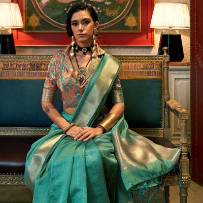 Rama Green Handloom Woven Chiffon Saree