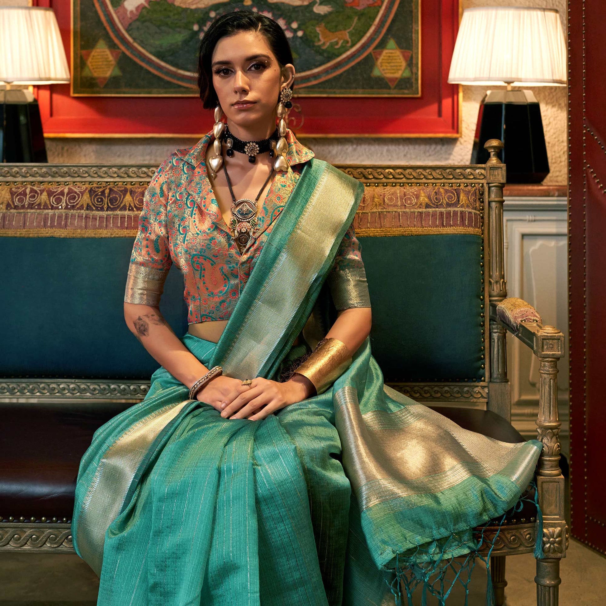 Rama Green Handloom Woven Chiffon Saree