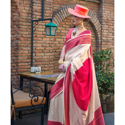 Cream & Red Zari Butti Work Banarasi Silk Saree