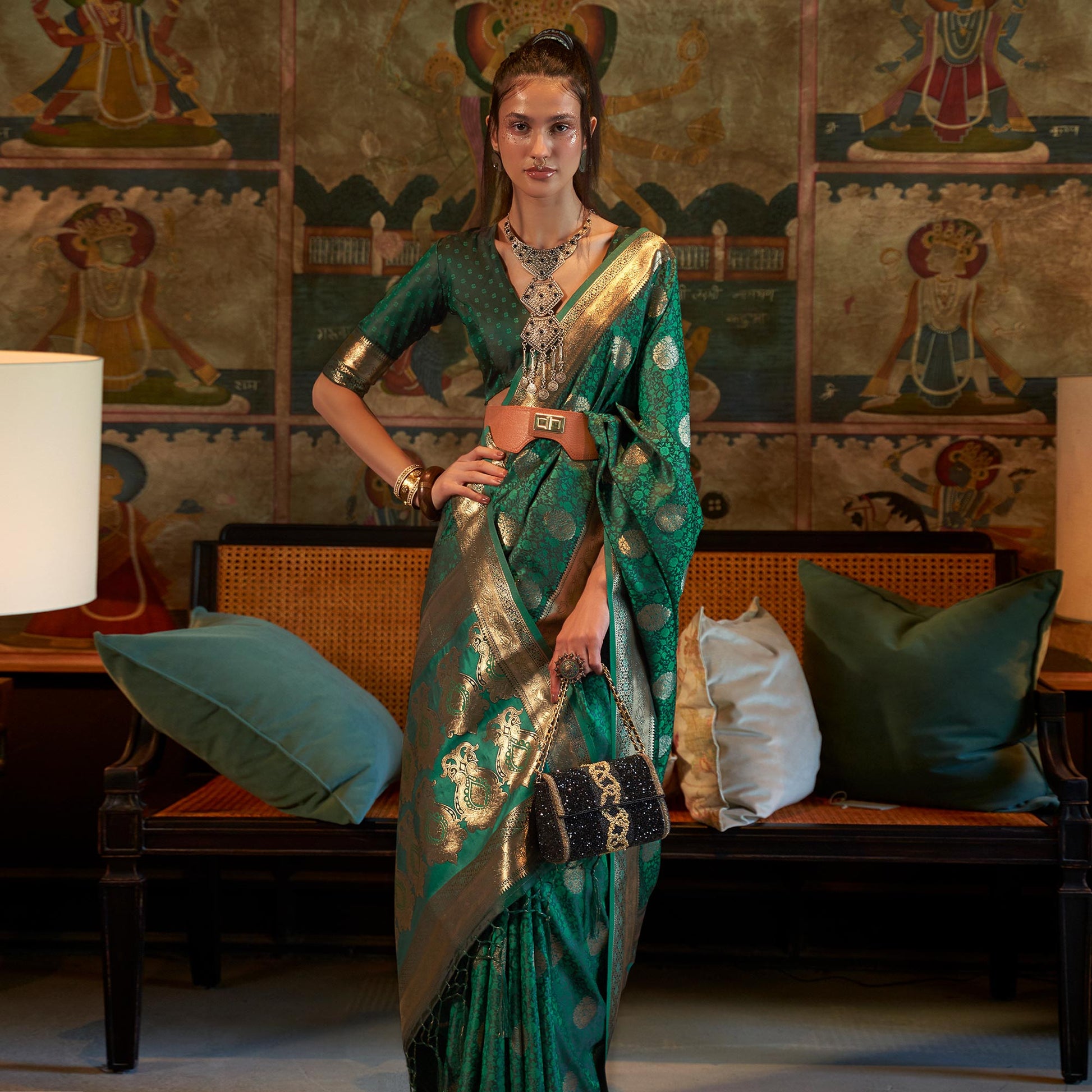 green-floral-woven-satin-saree-with-tassels-1