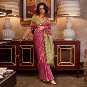 Mauve Zari Work Woven Tussar Silk Saree With Tassels