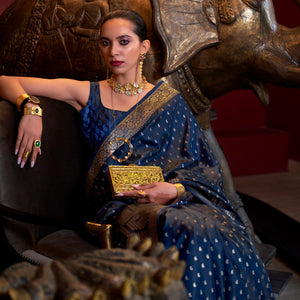 Blue Woven Satin Saree With Tassels