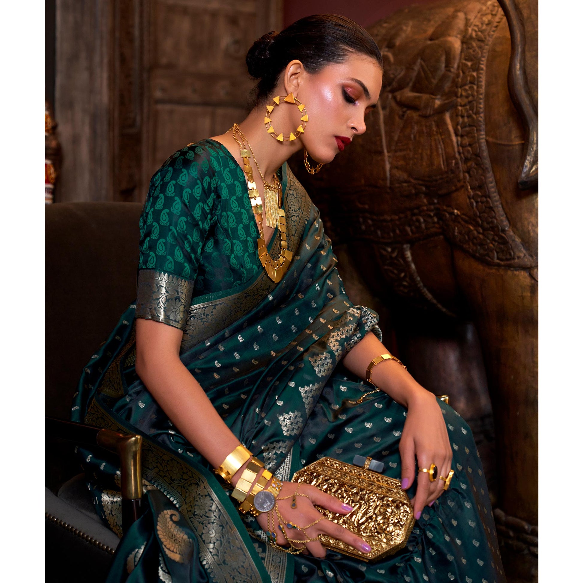 Bottle Green Woven Satin Saree With Tassels