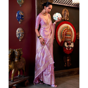 Light Lavender Woven Satin Saree With Tassels