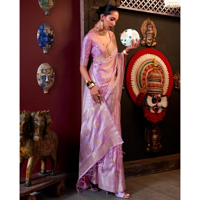 Light Lavender Woven Satin Saree With Tassels