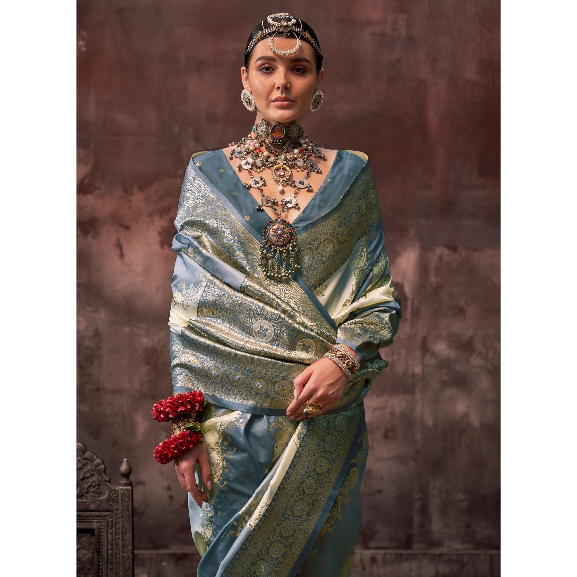 grey-floral-woven-art-silk-saree-with-tassels-1