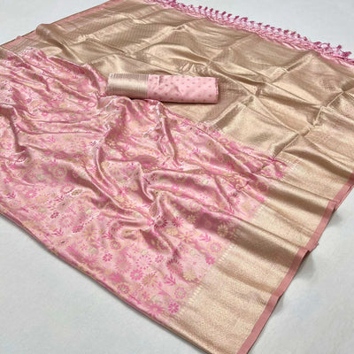 Light Peach Handloom Woven Pure Satin Saree
