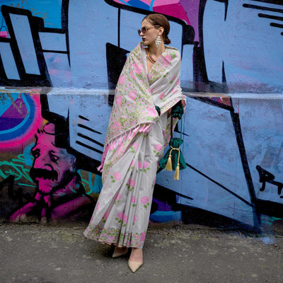 grey-floral-woven-pure-silk-saree-with-tassels