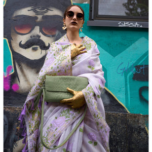 Lavender Floral Woven Pure Silk Saree With Tassels
