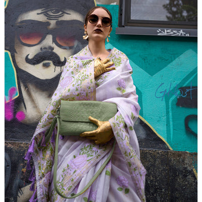 Lavender Floral Woven Pure Silk Saree With Tassels