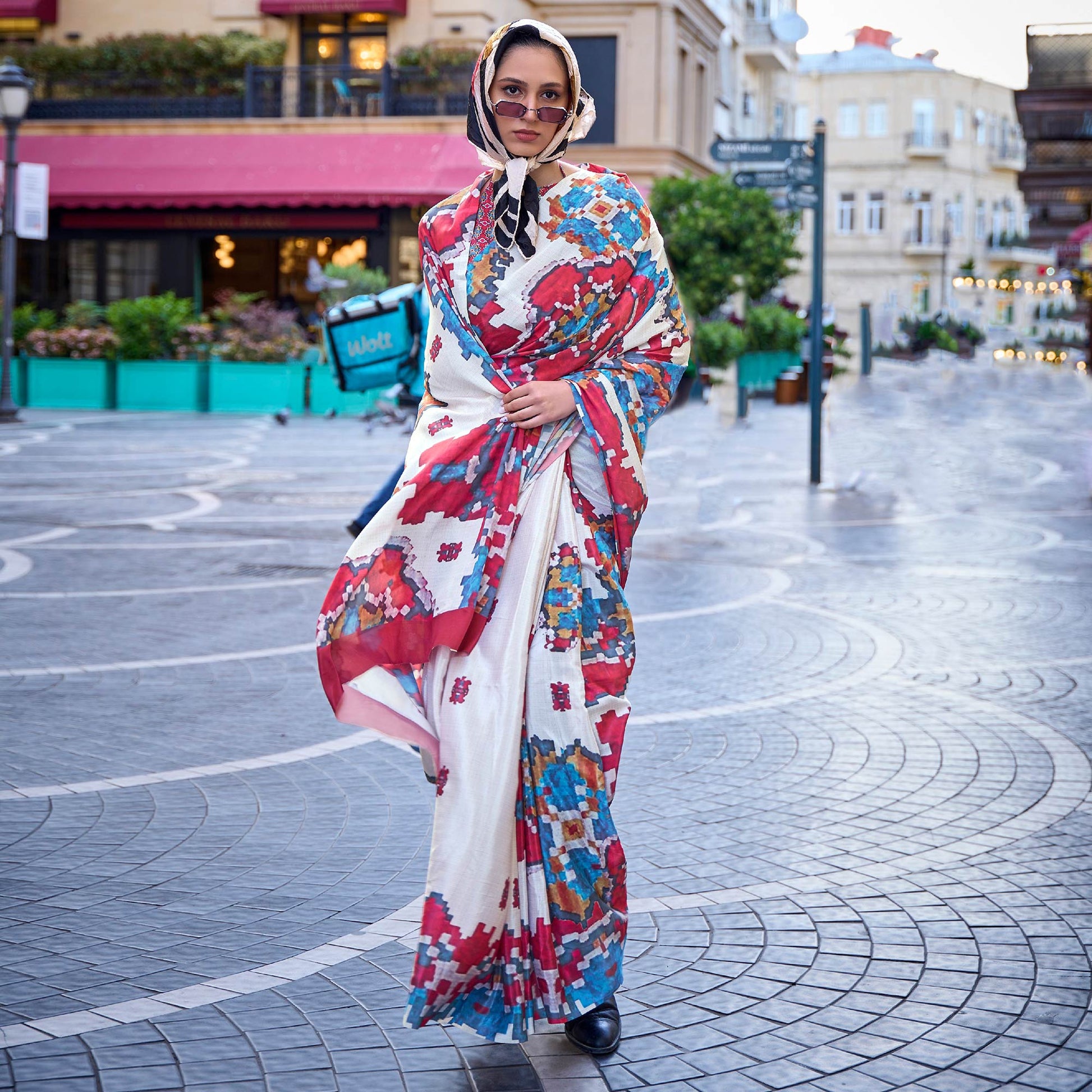 Cream Digital Printed Crepe Saree