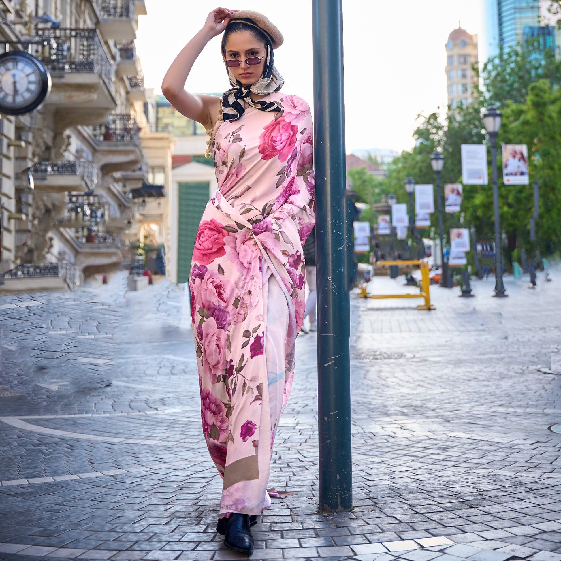 Light Chikoo Digital Printed Crepe Saree