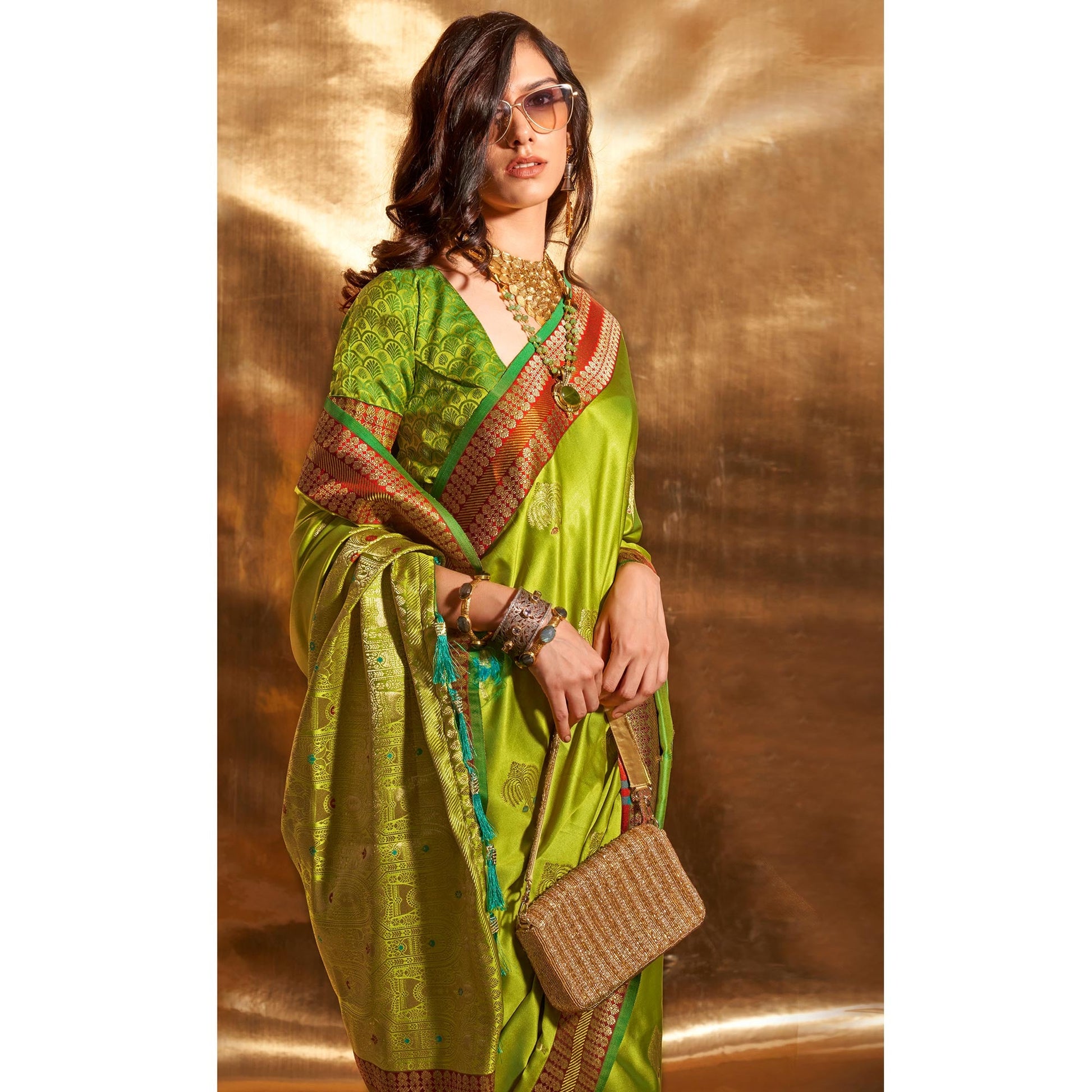 green-woven-satin-saree-with-tassels-3