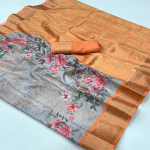 grey-orange-woven-floral-printed-georgette-saree
