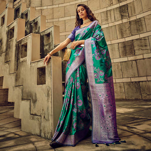 green-floral-woven-satin-saree-with-tassels-2
