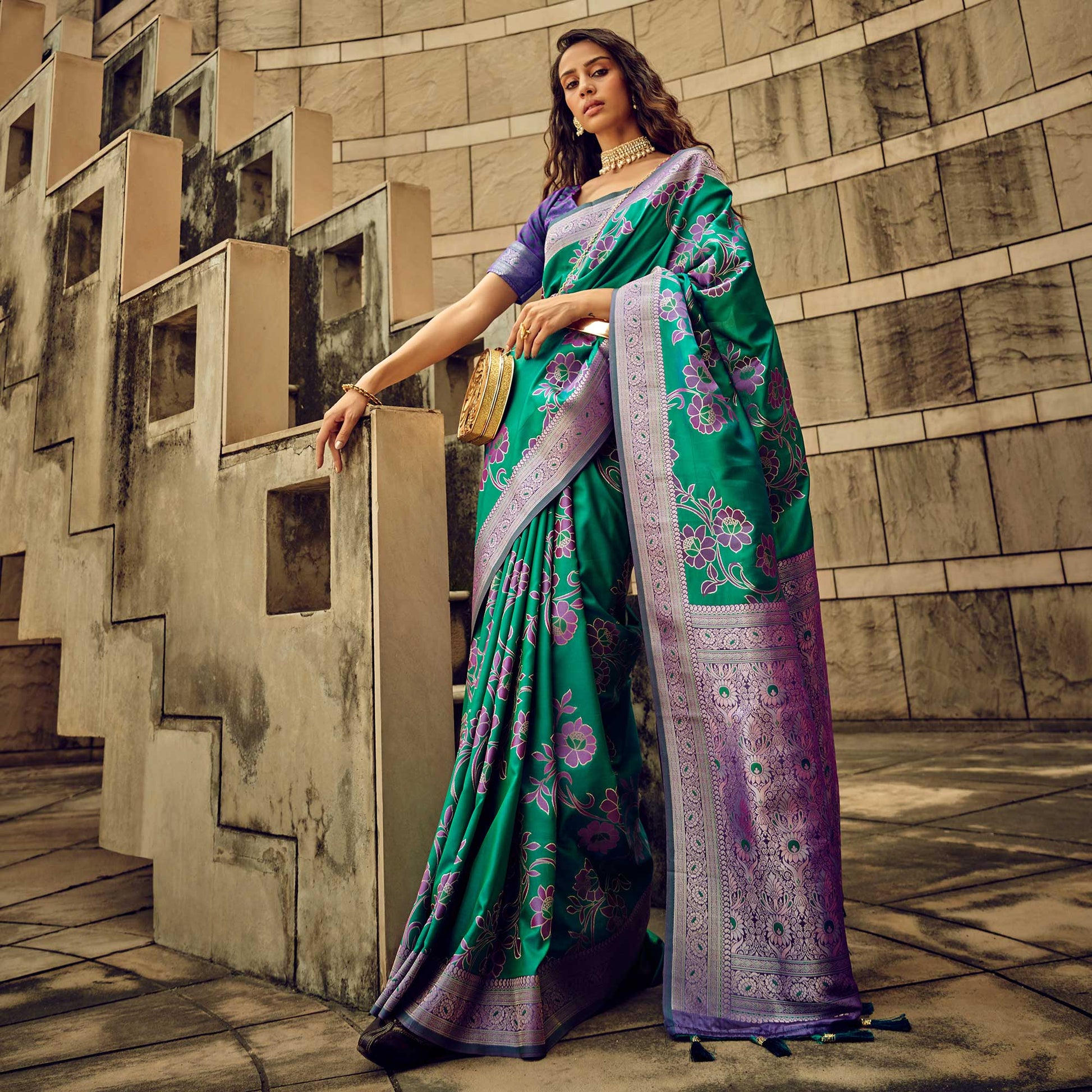 green-floral-woven-satin-saree-with-tassels-2