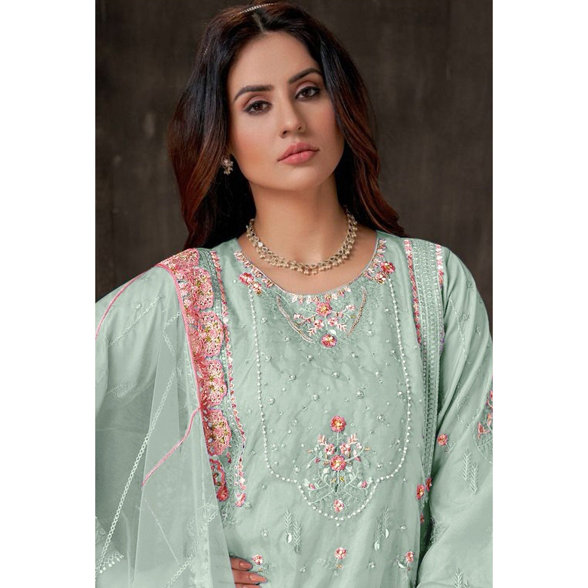 Light Green Floral Embroidered Georgette Pakistani Semi Stitched Dress Material