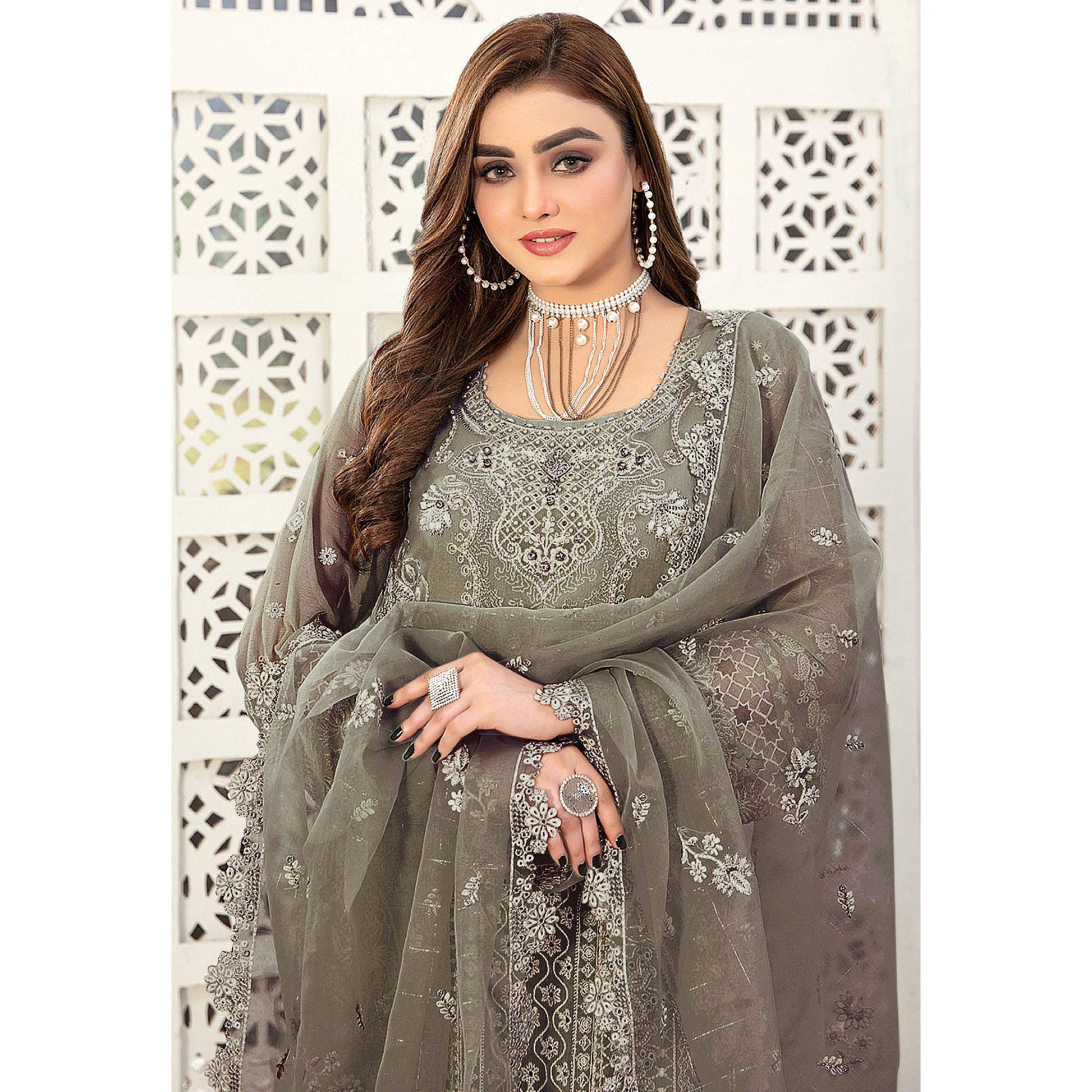 Mehendi Green Floral Embroidered Georgette Semi Stitched Pakistani Suit