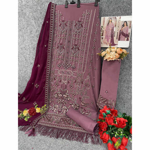 Mauve Floral Embroidered With Handwork Georgette Semi Stitched Pakistani Suit