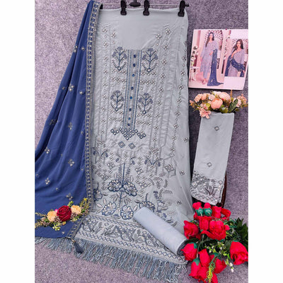 Greyish Blue Floral Embroidered With Handwork Georgette Semi Stitched Pakistani Suit