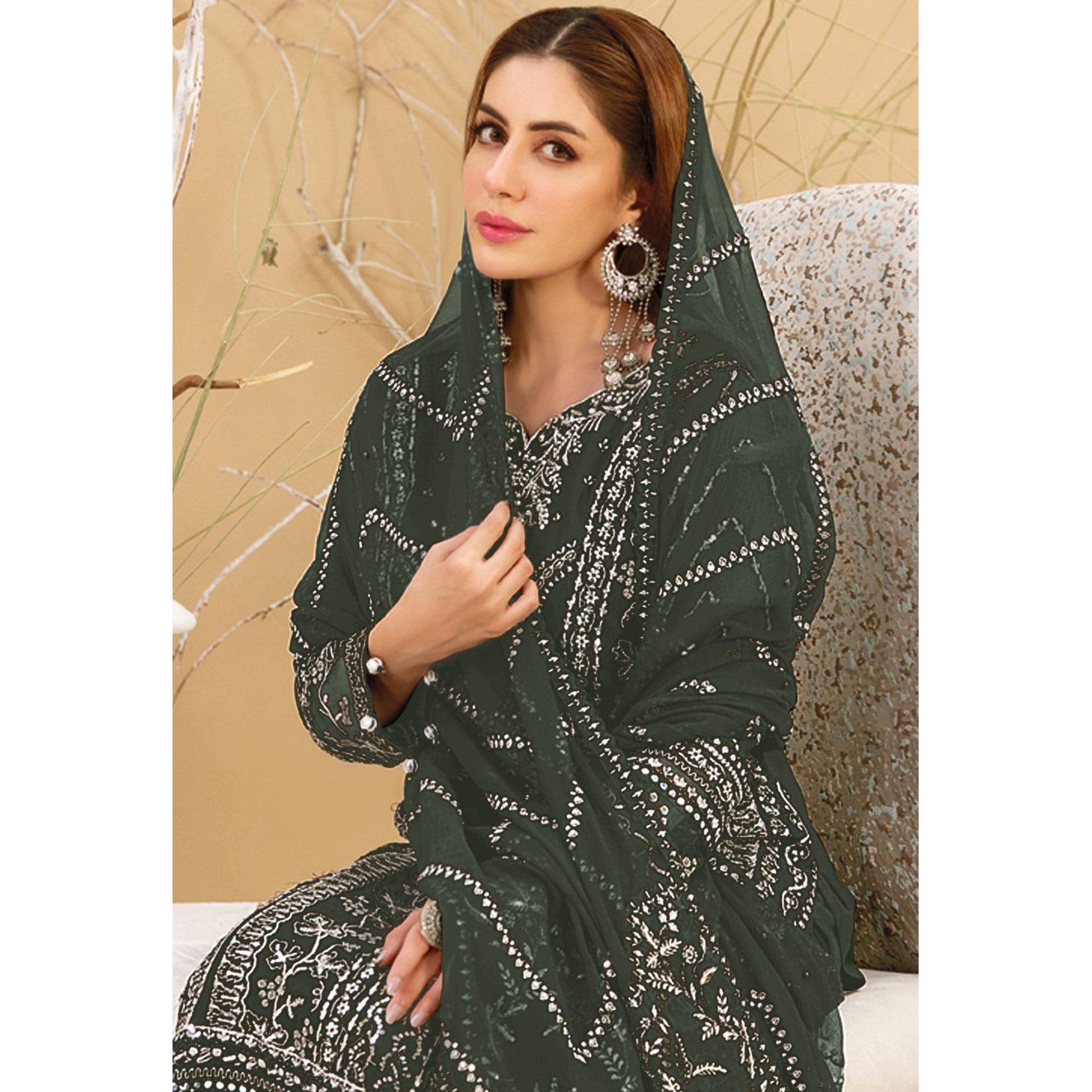 Mehendi Green Floral Embroidered Georgette Semi Stitched Pakistani Suit