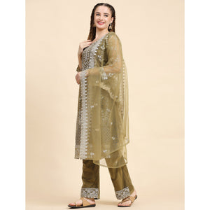 Mehndi Green Sequins Embroidered Net Semi Stitched Pakistani Suit