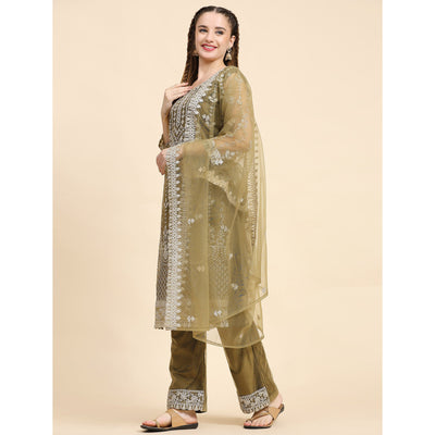 Mehndi Green Sequins Embroidered Net Semi Stitched Pakistani Suit