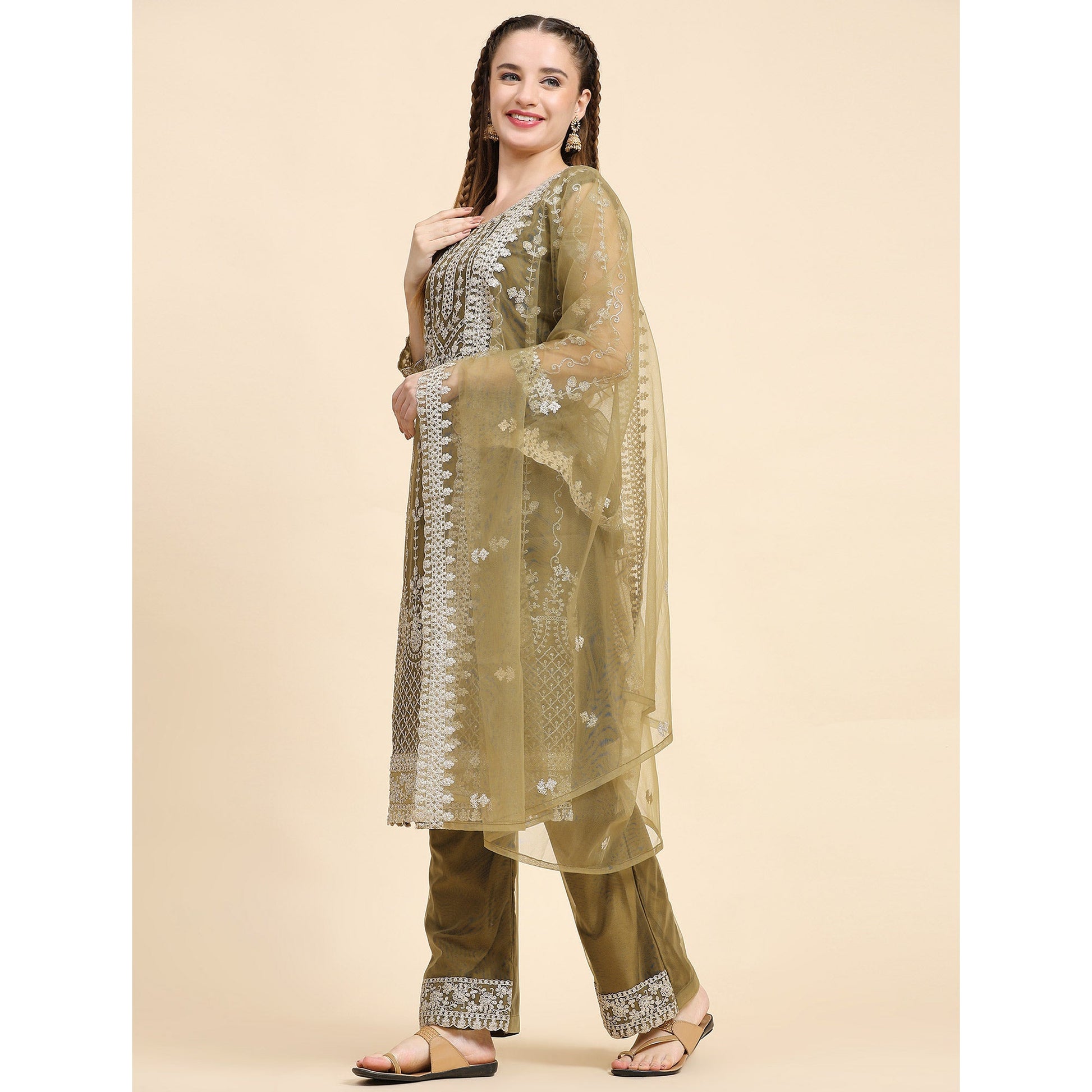 Mehndi Green Sequins Embroidered Net Semi Stitched Pakistani Suit
