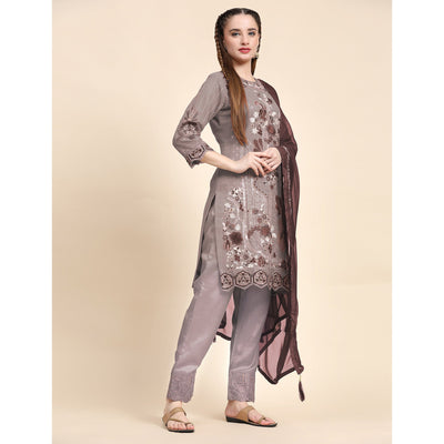 Brown Floral Embroidered Georgette Semi Stitched Pakistani Suit