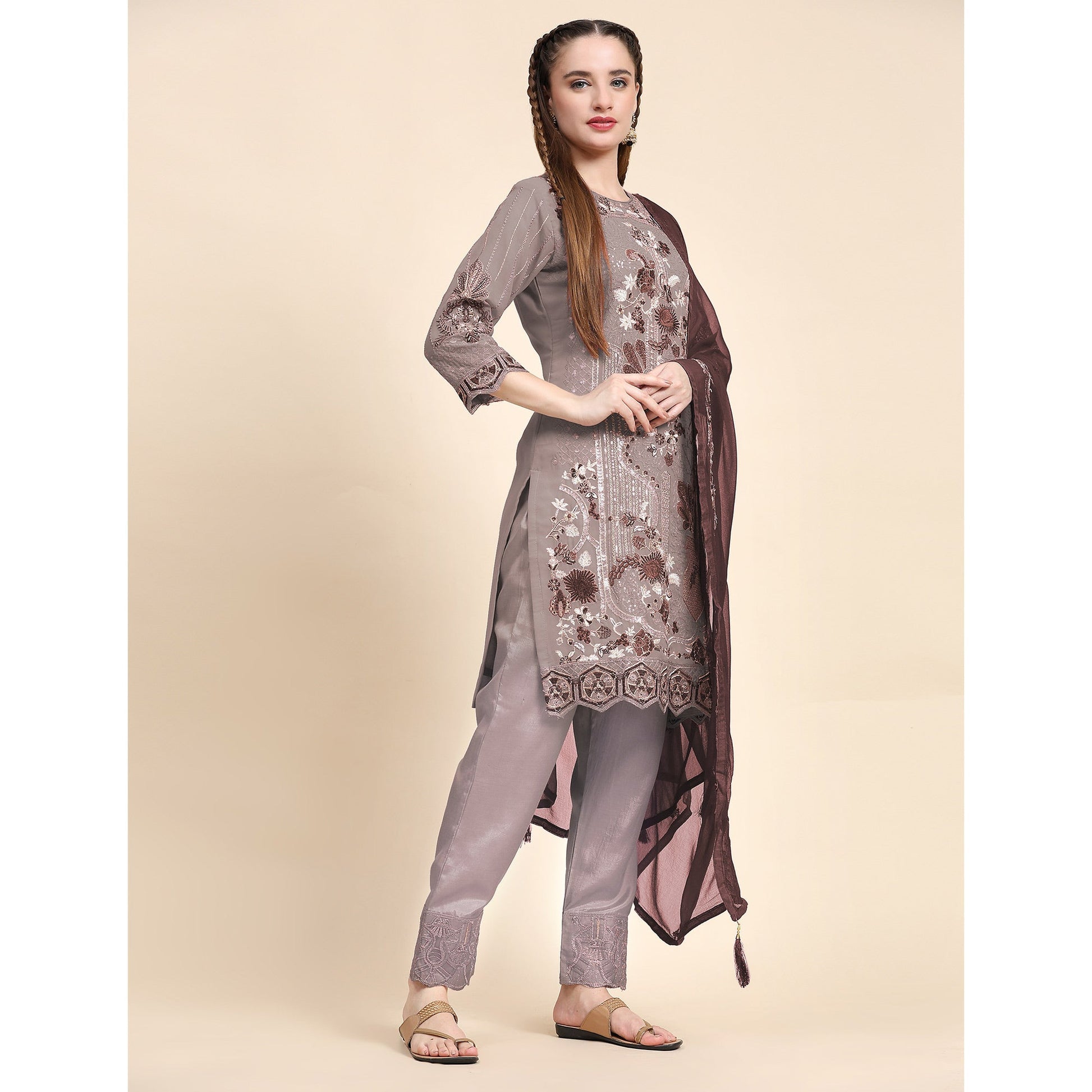 Brown Floral Embroidered Georgette Semi Stitched Pakistani Suit