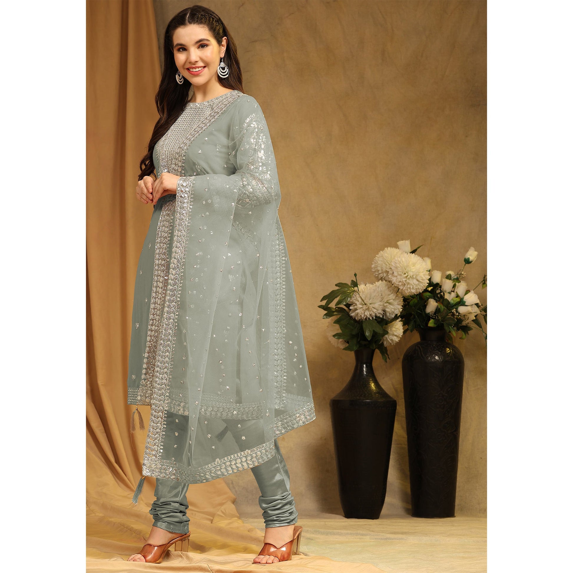 Dusty Green Sequins Embroidered Georgette Semi Stitched Salwar Suit