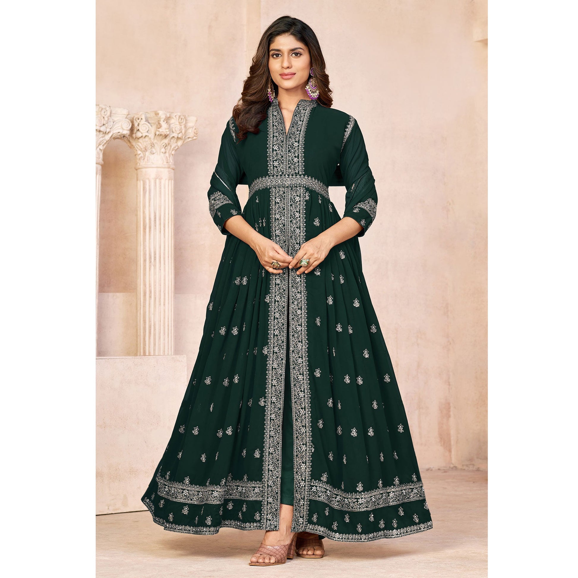 green-floral-embroidered-front-slit-semi-stitched-georgette-anarkali-suit