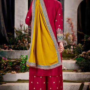 Cherry Red & Teal Green Floral Sequins Embroidered Chinon Silk Semi Stitched Palazzo Suit