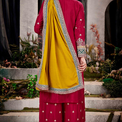 Cherry Red & Teal Green Floral Sequins Embroidered Chinon Silk Semi Stitched Palazzo Suit