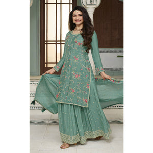 Dusty Green Floral Embroidered Chinon Sharara Salwar Suit