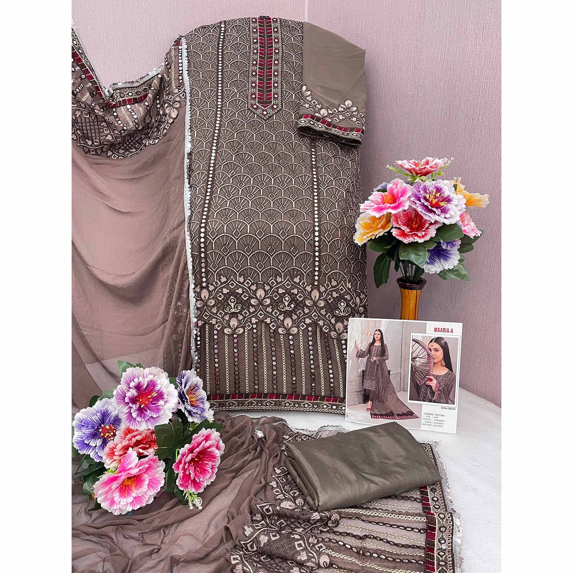 Brown Embroidered Georgette Semi Stitched Pakistani Suit